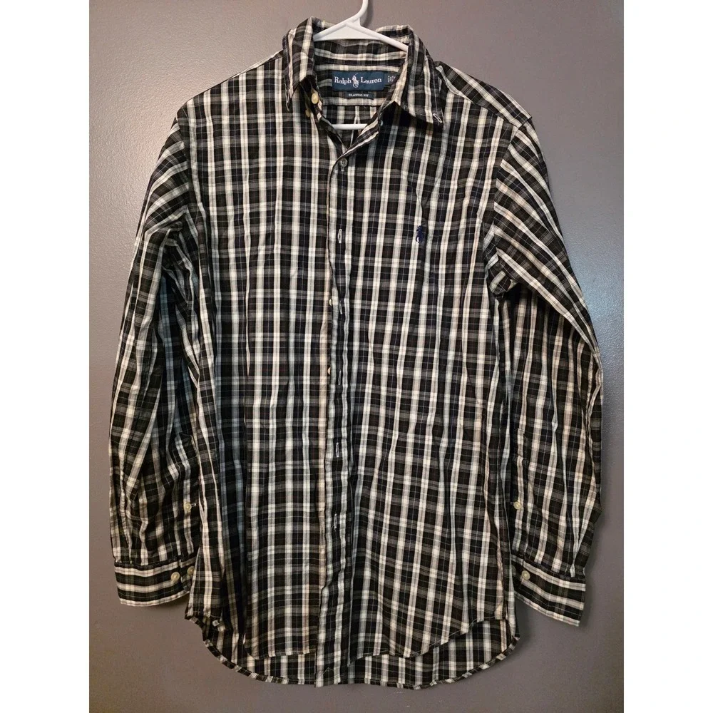 Ralph Lauren Mens Classic Fit Plaid Button Down Shirt Black White Navy 15 32/33